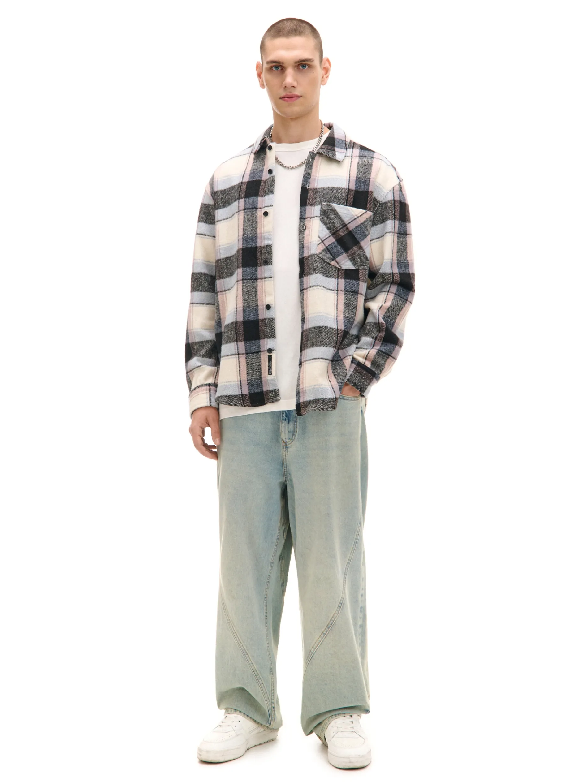 Cropp Koszule*Beżowa kraciasta koszula z domieszką wełny