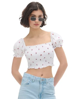 Cropp Koszule, Bluzki*Biała bluzka crop top w kwiaty