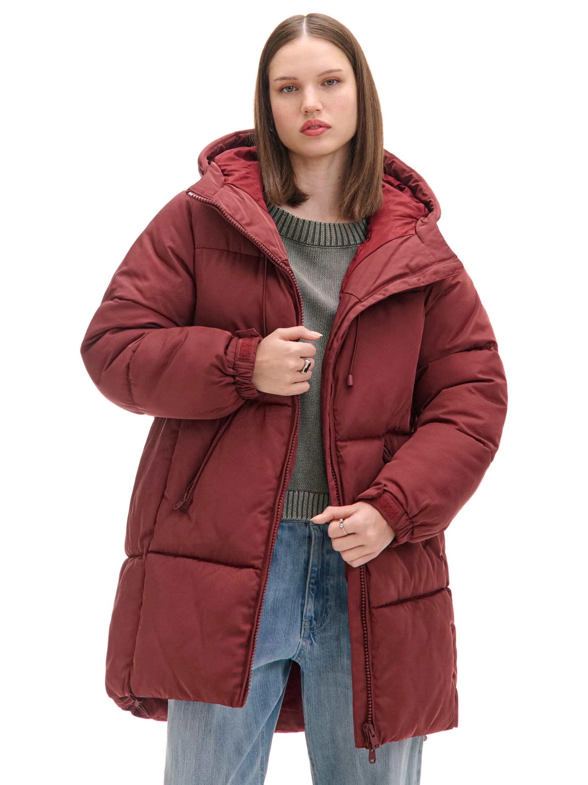 Cropp Kurtki, Płaszcze*Bordowy pikowany płaszcz z kapturem