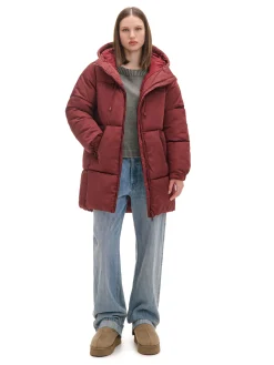 Cropp Kurtki, Płaszcze*Bordowy pikowany płaszcz z kapturem