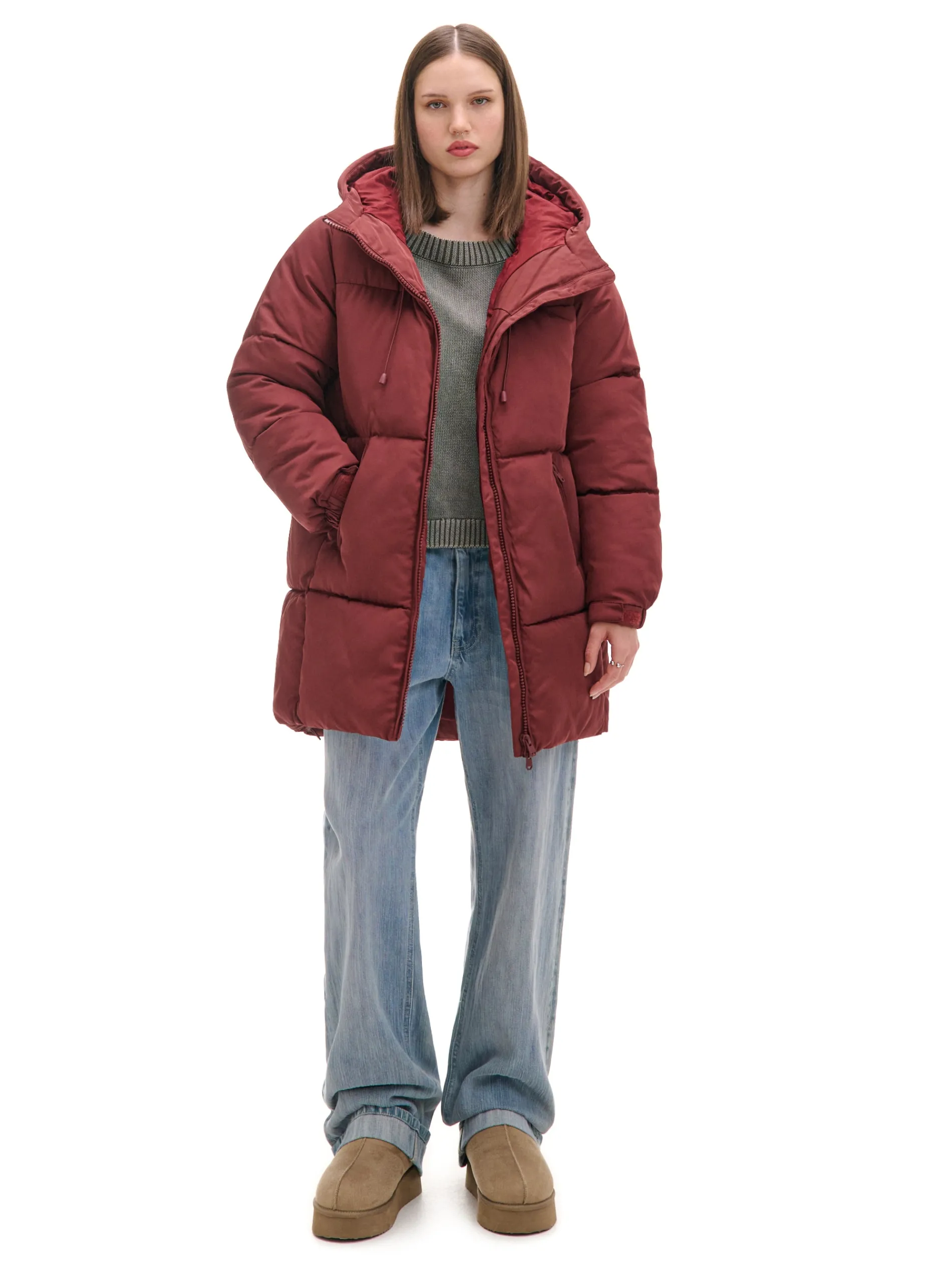 Cropp Kurtki, Płaszcze*Bordowy pikowany płaszcz z kapturem