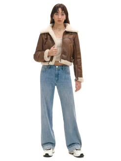 Cropp Kurtki, Płaszcze|Kożuszki, Futerka*Brązowa kurtka biker z kożuchem