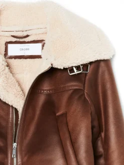 Cropp Kurtki, Płaszcze|Kożuszki, Futerka*Brązowa kurtka biker z kożuchem