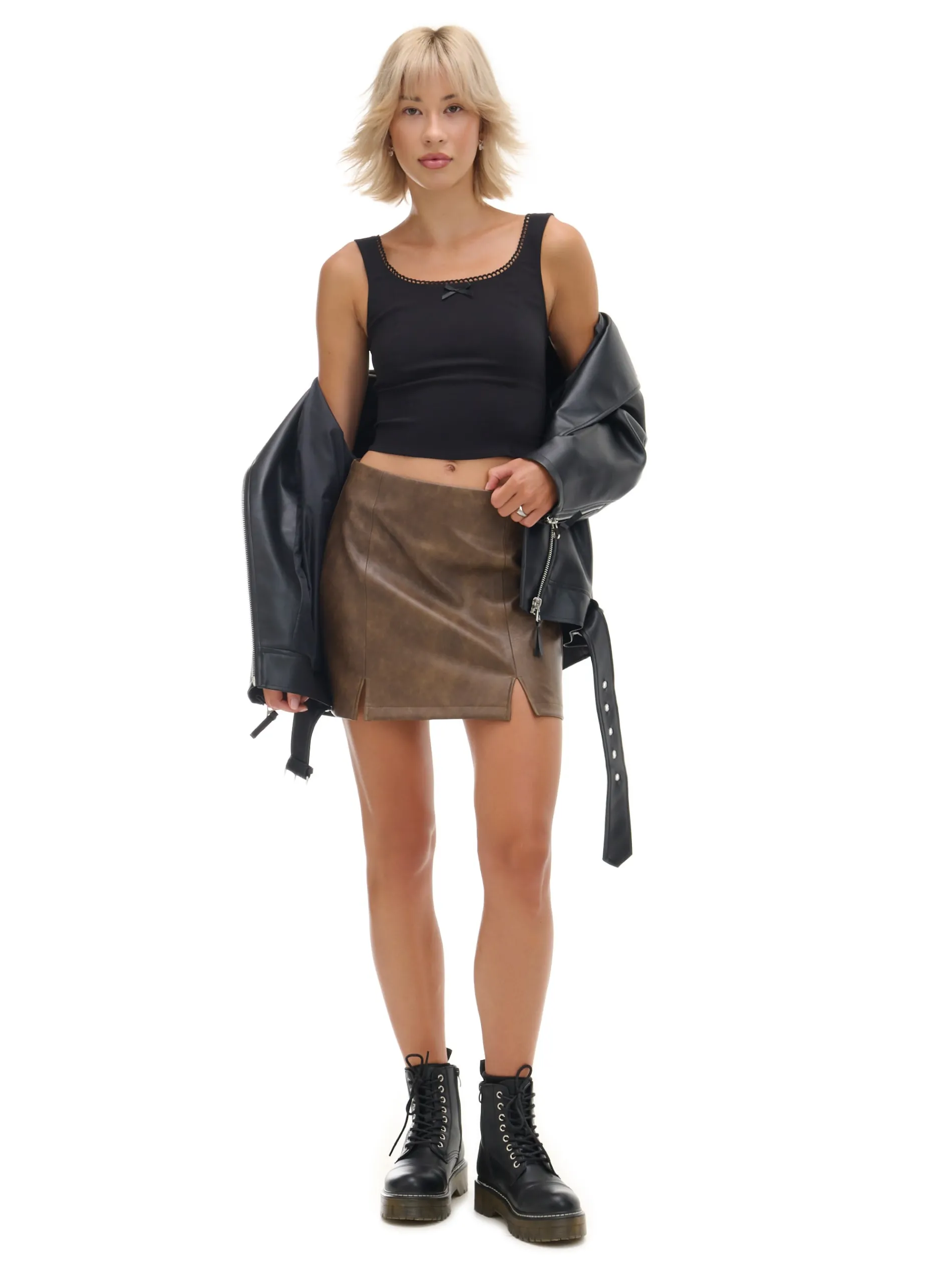 Cropp Spódnice*Brązowa spódniczka mini z imitacji skóry