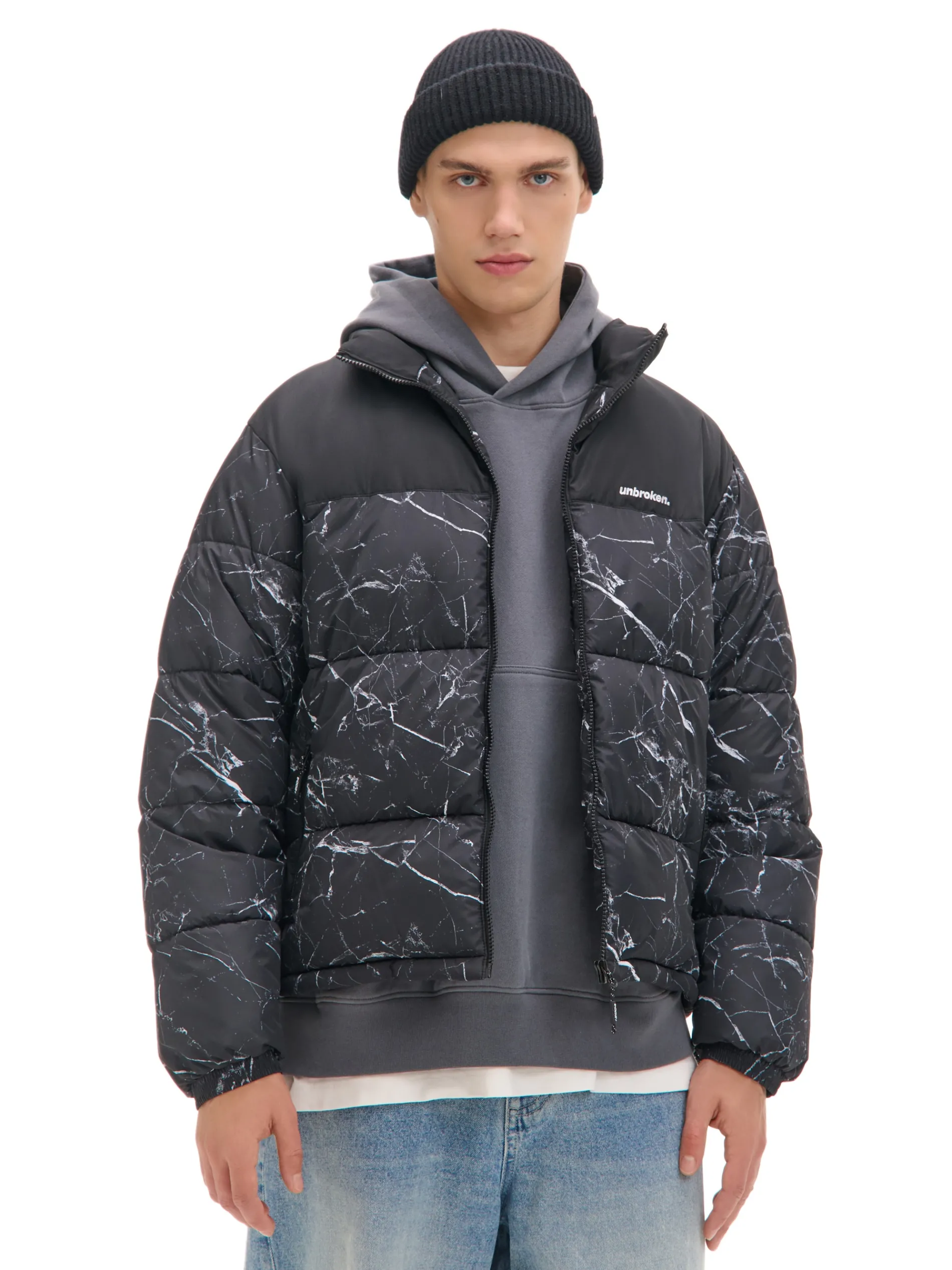 Cropp Kurtki Zimowe|Kurtki, Płaszcze*Ciemnoszara kurtka puffer z nadrukiem