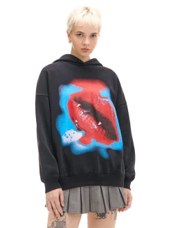 Cropp Bluzy*Czarna bluza hoodie z nadrukiem