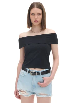 Cropp Koszulki, Topy*Czarna bluzka z dekoltem carmen