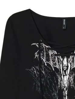 Cropp Koszulki, Topy*Czarna bluzka z wiązaniem i nadrukiem