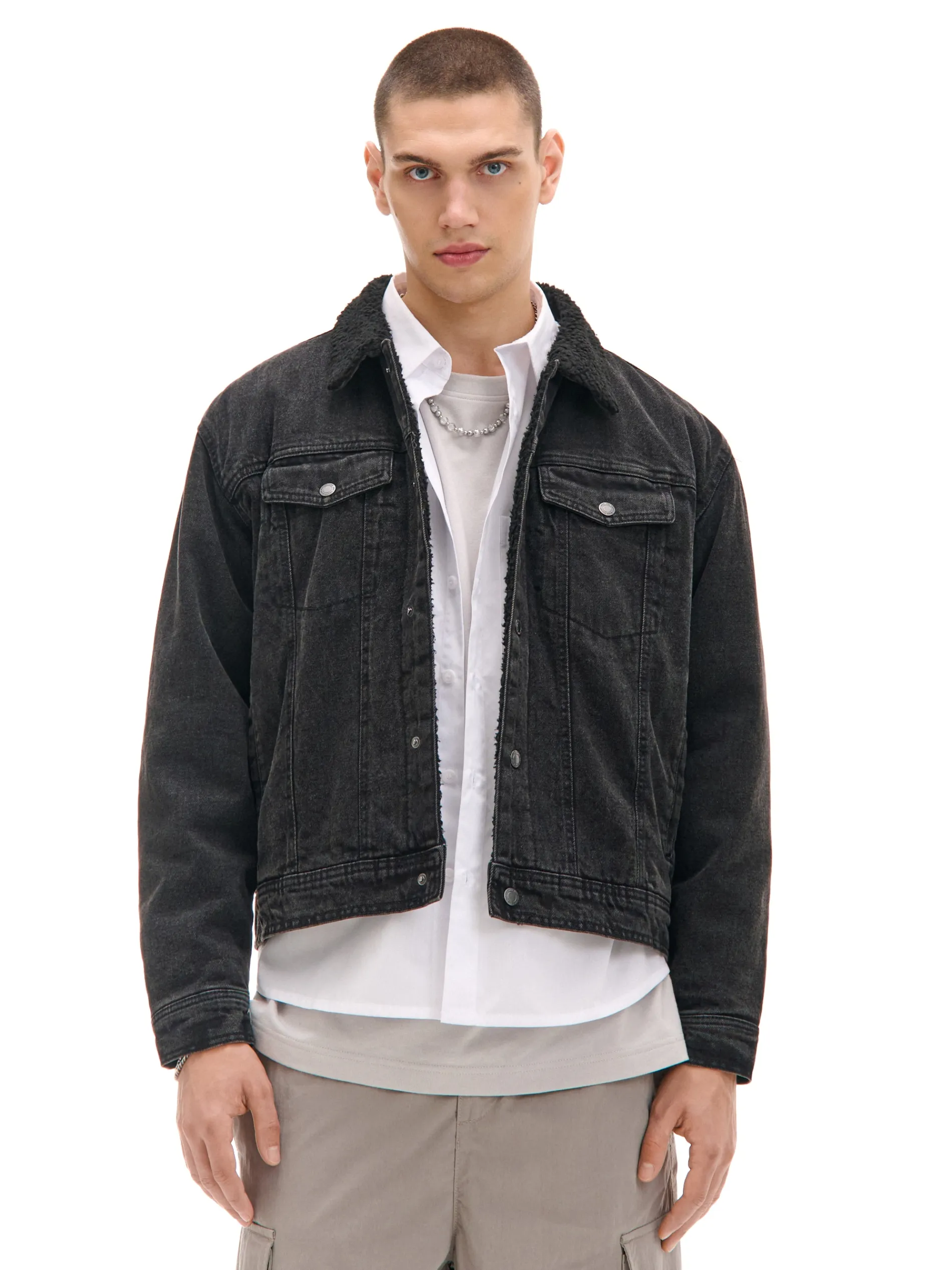 Cropp Kurtki, Płaszcze|Denim*Czarna jeansowa kurtka sherpa