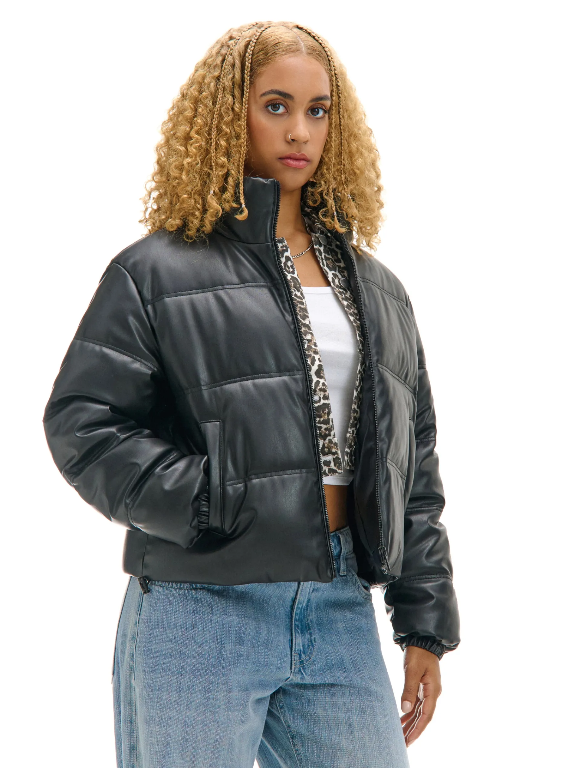 Cropp Kurtki, Płaszcze*Czarna kurtka puffer z efektem skóry