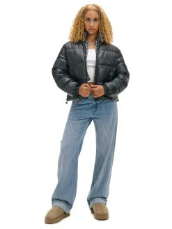 Cropp Kurtki, Płaszcze*Czarna kurtka puffer z efektem skóry