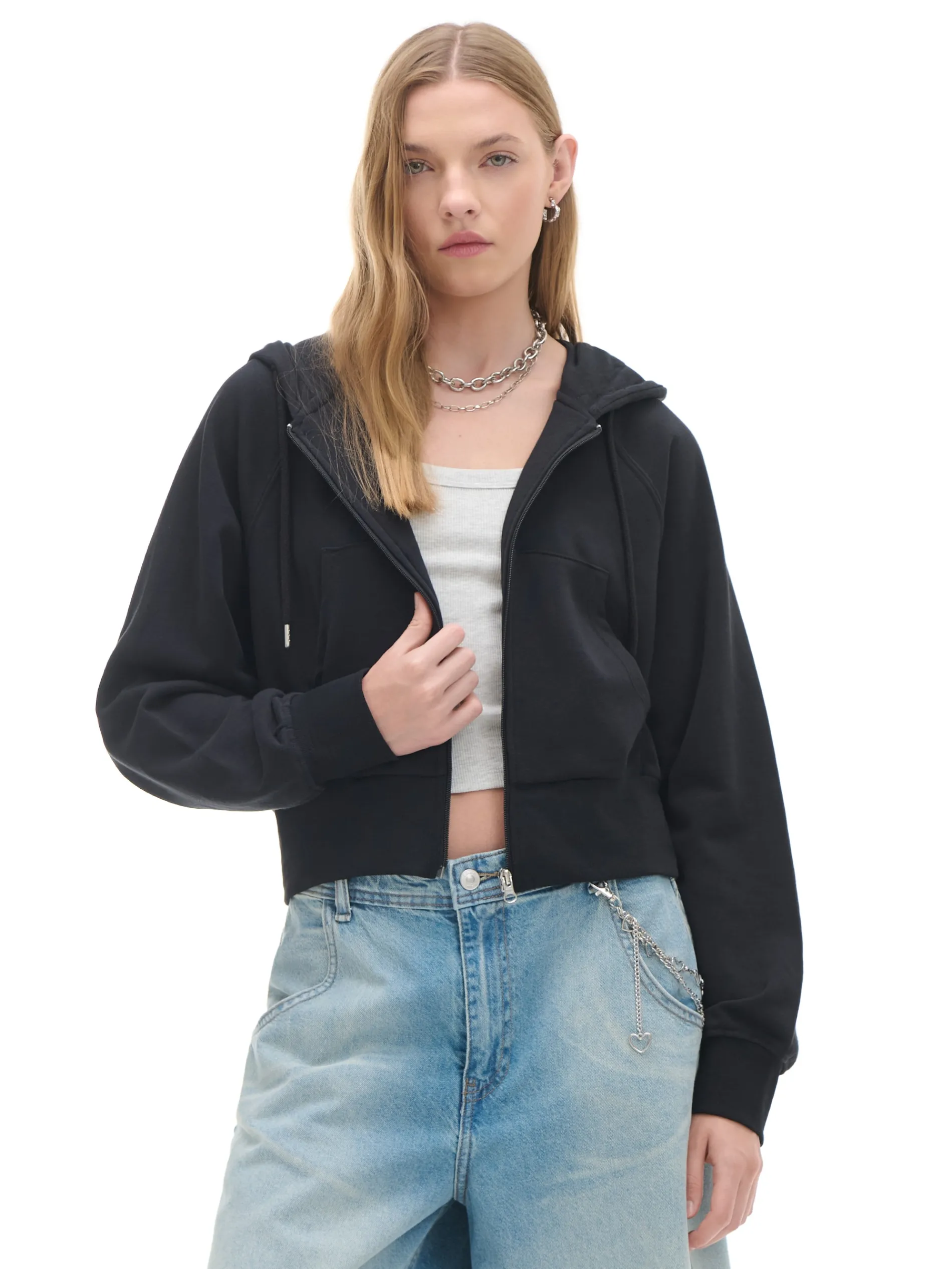 Cropp Bluzy*Czarna rozpinana bluza kapturem