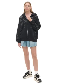 Cropp Bluzy*Czarna rozpinana bluza z aplikacjami