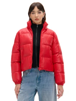 Cropp Kurtki, Płaszcze*Czerwona kurtka puffer z efektem skóry