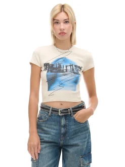 Cropp Koszulki, Topy*Kremowa koszulka z nadrukiem