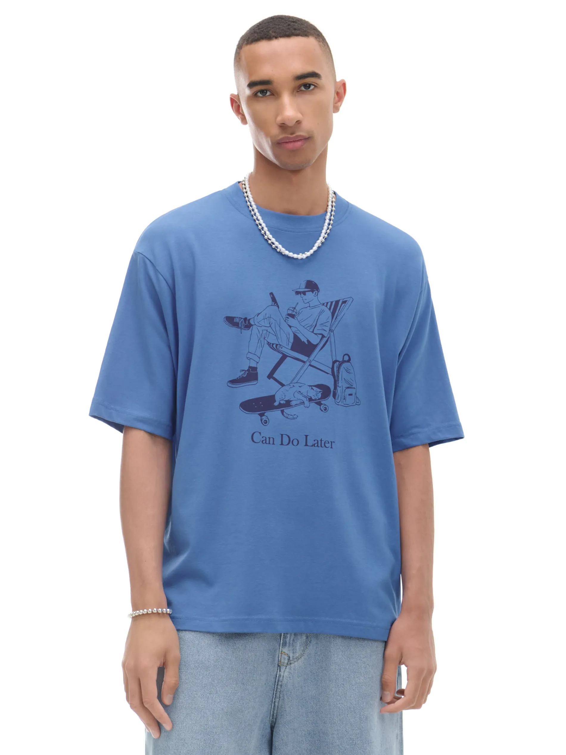 Cropp Koszulki*Niebieska koszulka z nadrukiem