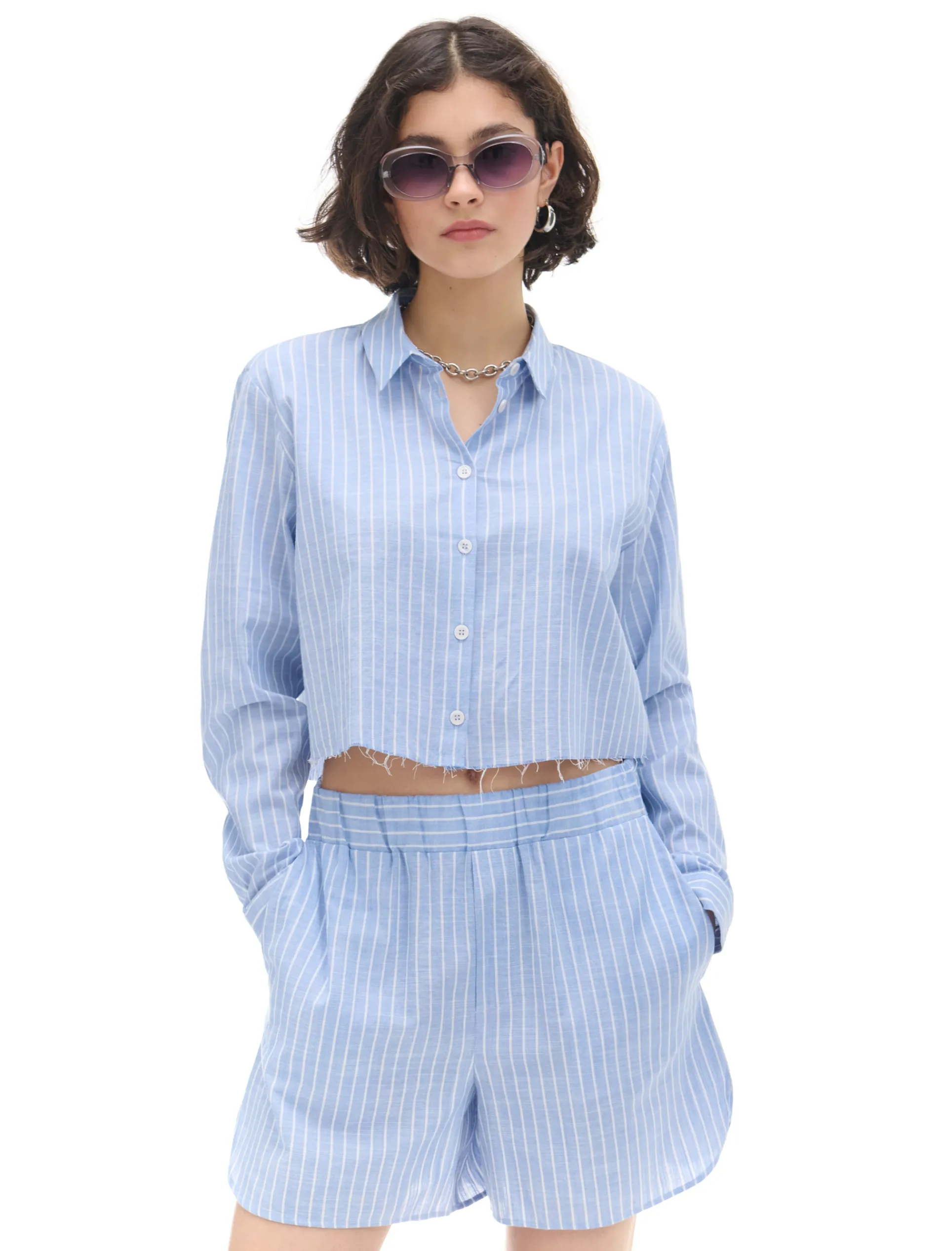 Cropp Koszule, Bluzki*Niebieska krótsza koszula w pionowe paski