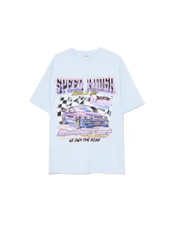 Cropp Koszulki, Topy*Niebieski T-shirt z nadrukiem