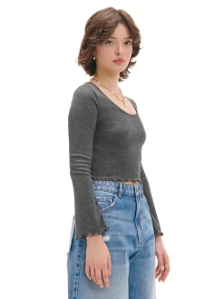 Cropp Koszulki, Topy*Prążkowana szara koszulka longsleeve