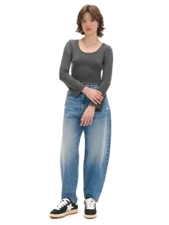 Cropp Koszulki, Topy*Prążkowana szara koszulka longsleeve