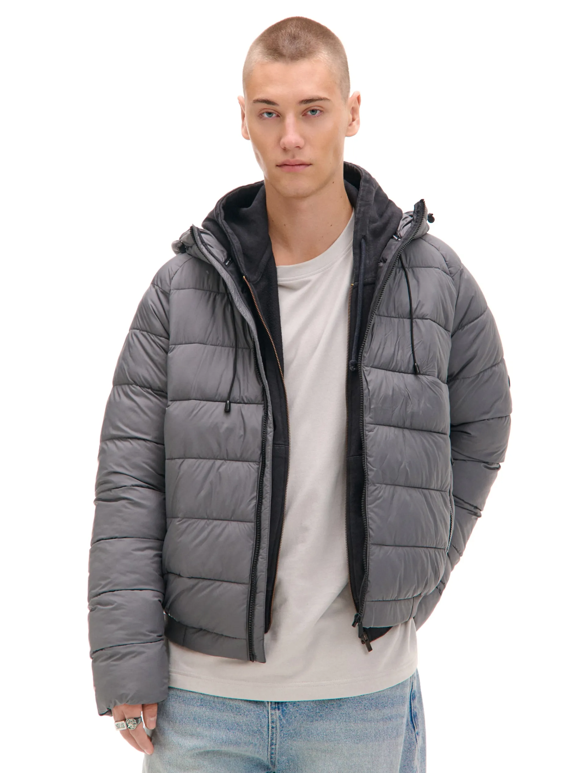 Cropp Kurtki Zimowe|Kurtki, Płaszcze*Szara pikowana kurtka z kapturem