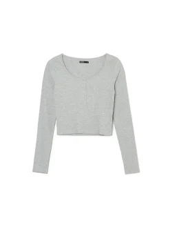 Cropp Koszulki, Topy*Szara prążkowana bluzka na napy