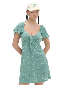 Cropp Sukienki, Kombinezony*Zielona sukienka mini w stokrotki